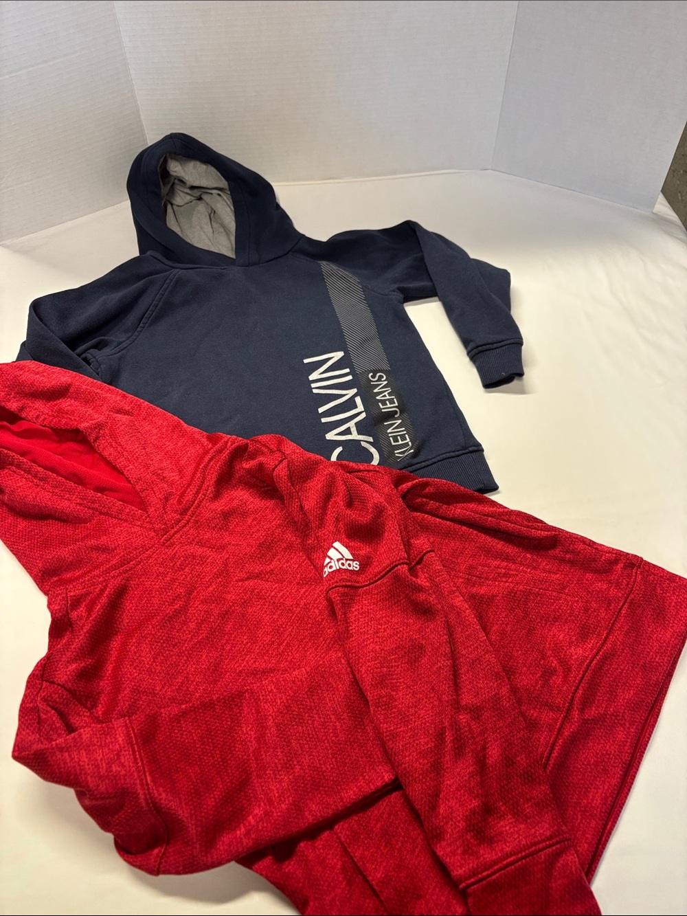 Lot of 2. Calvin Klein Jeans Navy Hooded Pullover Sweatshirt and Red Adidas Hood